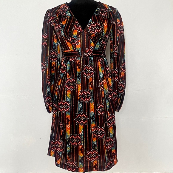 70s Dress Empire Waist Belt Tie Midi Poly Floral Pattern Puff Sleeve V Neck - Picture 9 of 9